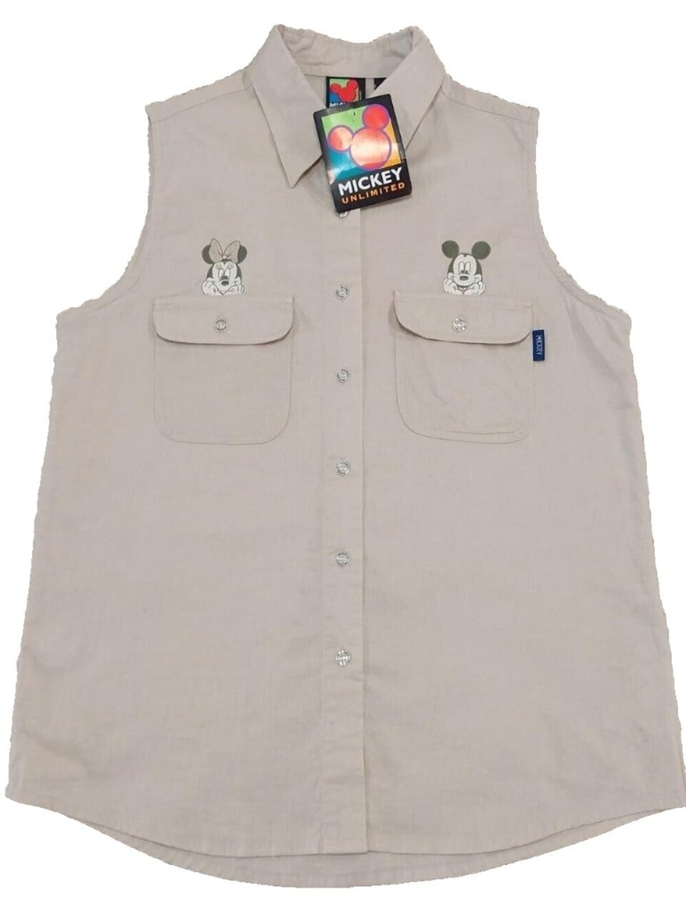 NWT! Vtg 90s Mickey Unlimited Mickey Tan Sleeveless Button-Up Shirt Women's Sz S